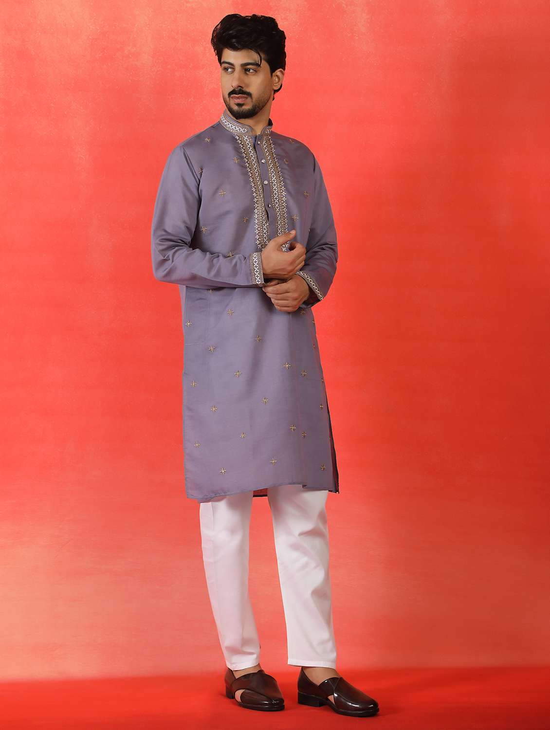 men solid with work mandarin neck long kurta - 22619268 -  Standard Image - 3