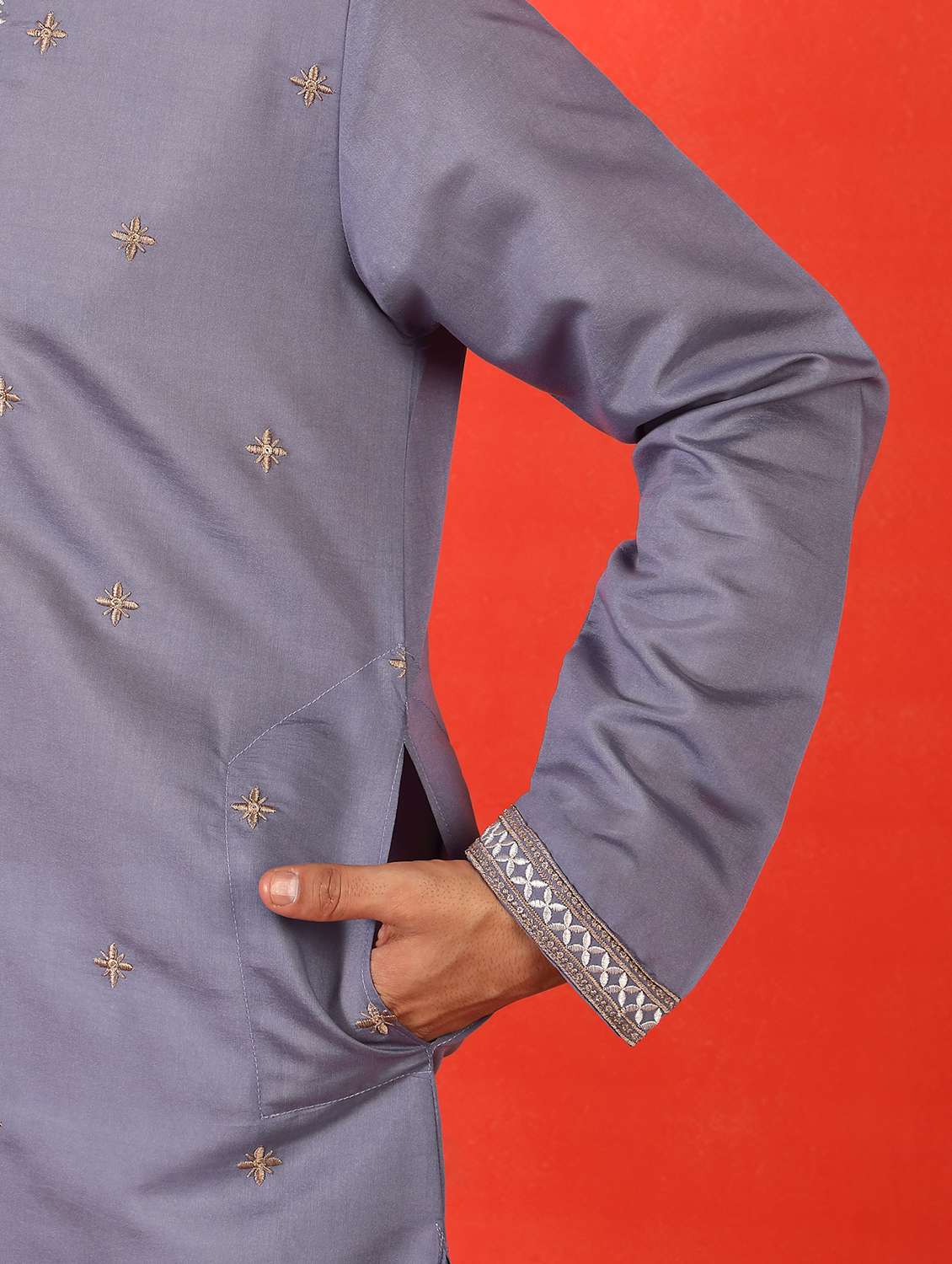 men solid with work mandarin neck long kurta - 22619268 -  Standard Image - 5
