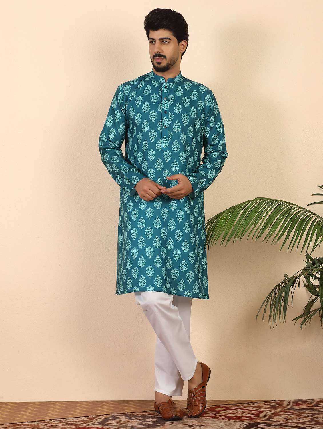 men printed mandarin neck long kurta - 22619271 -  Standard Image - 3