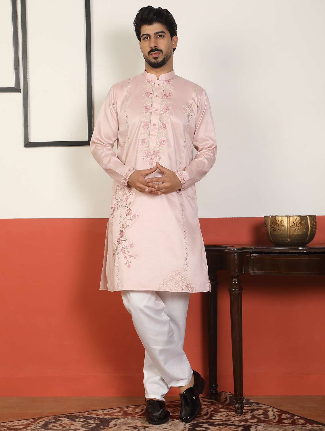 men embroidered mandarin neck long kurta - 22619277 -  Standard Image - 3