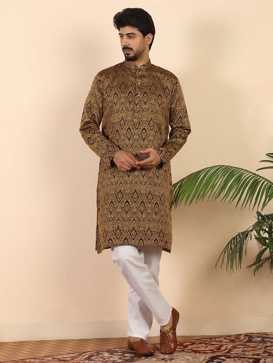 men self design mandarin neck long kurta - 22619279 -  Standard Image - 3
