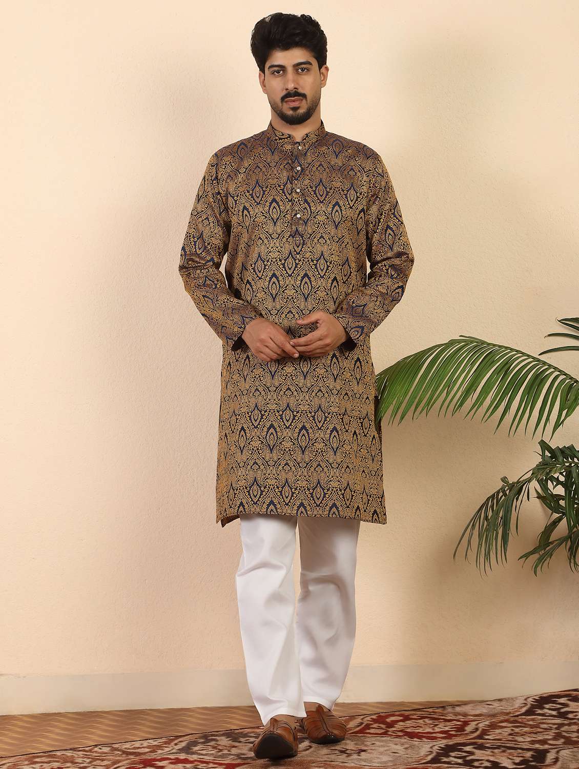 men self design mandarin neck long kurta - 22619280 -  Standard Image - 3