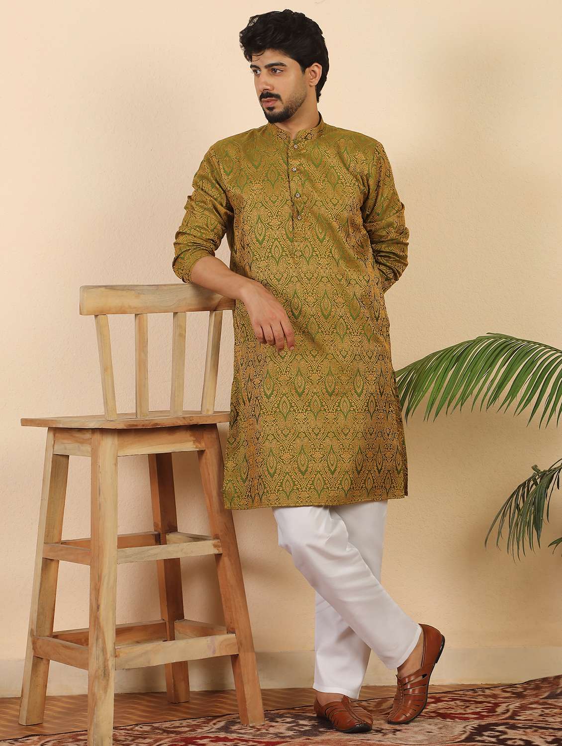men self design mandarin neck long kurta