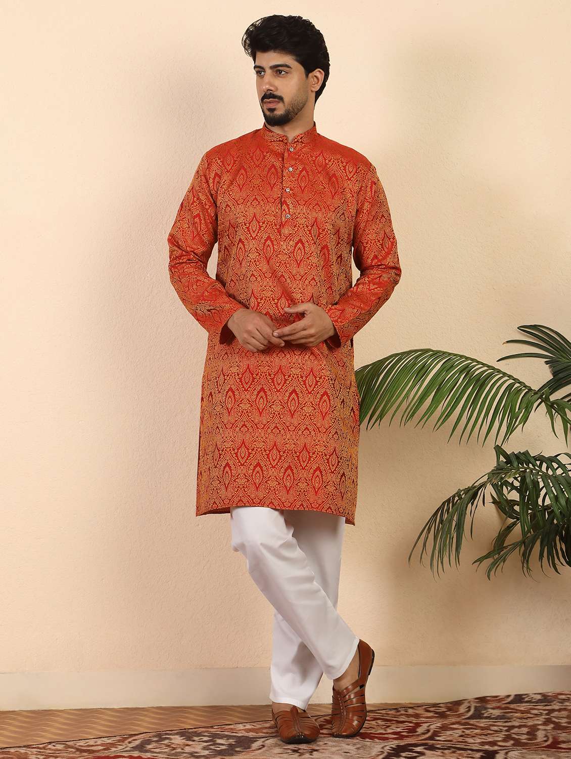 men self design mandarin neck long kurta - 22619282 -  Standard Image - 3