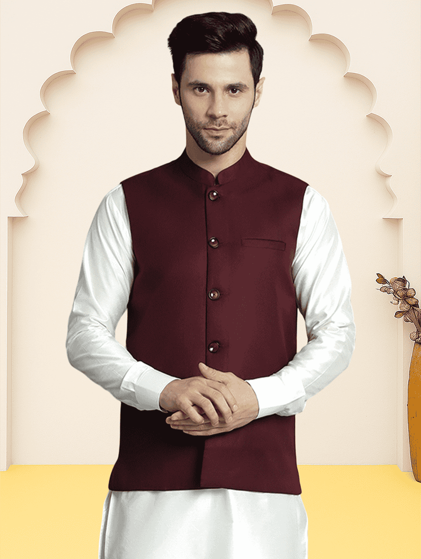 men solid sleeveless regular fit nehru jacket
