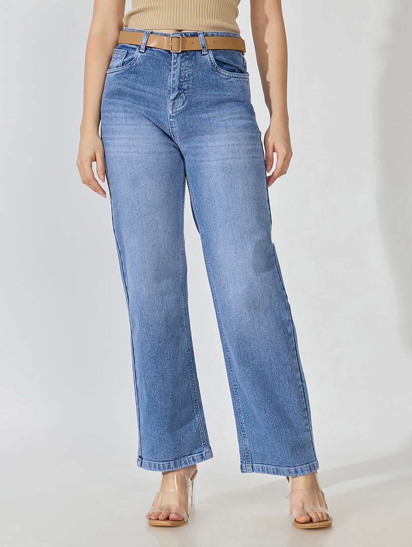 women washed mid rise straight jeans