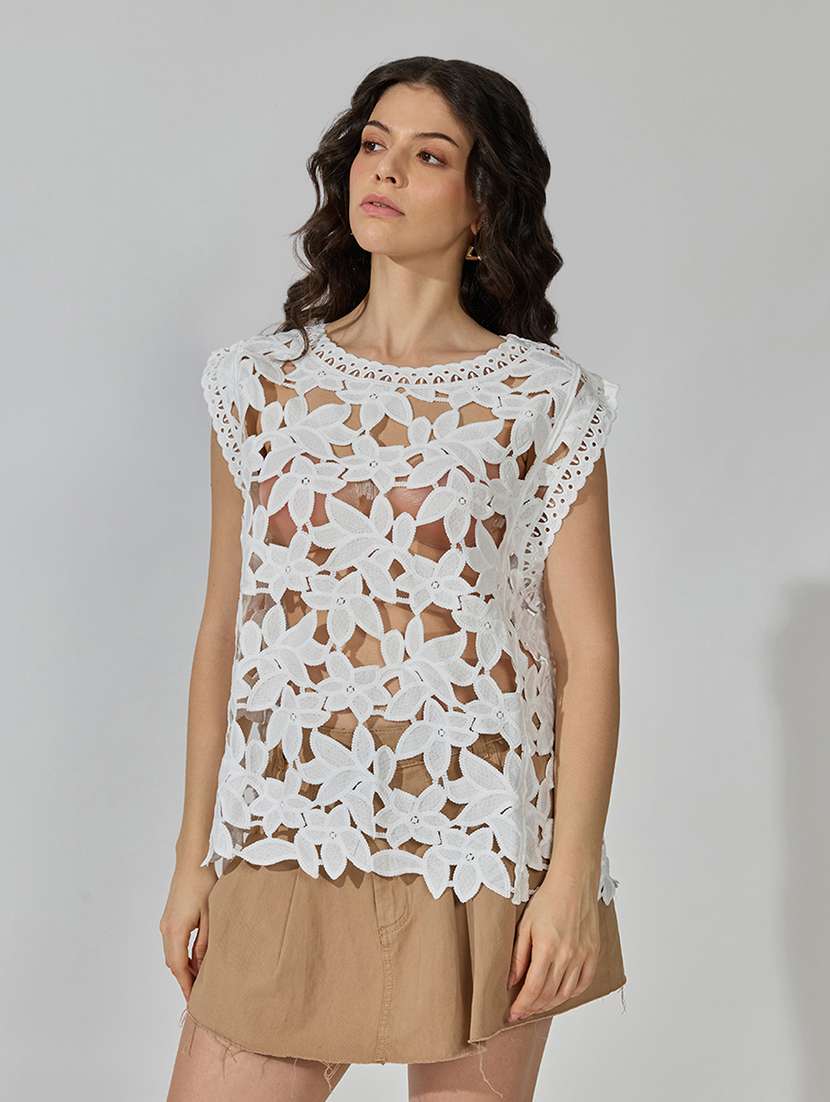 Women Self Design Cap Sleeves Regular Top - 22619424 -  Standard Image - 3