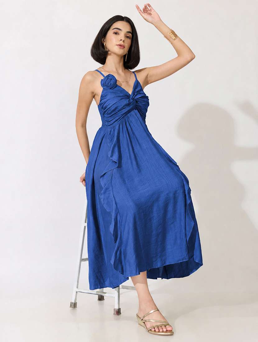 women solid shoulder strap ruffle dress