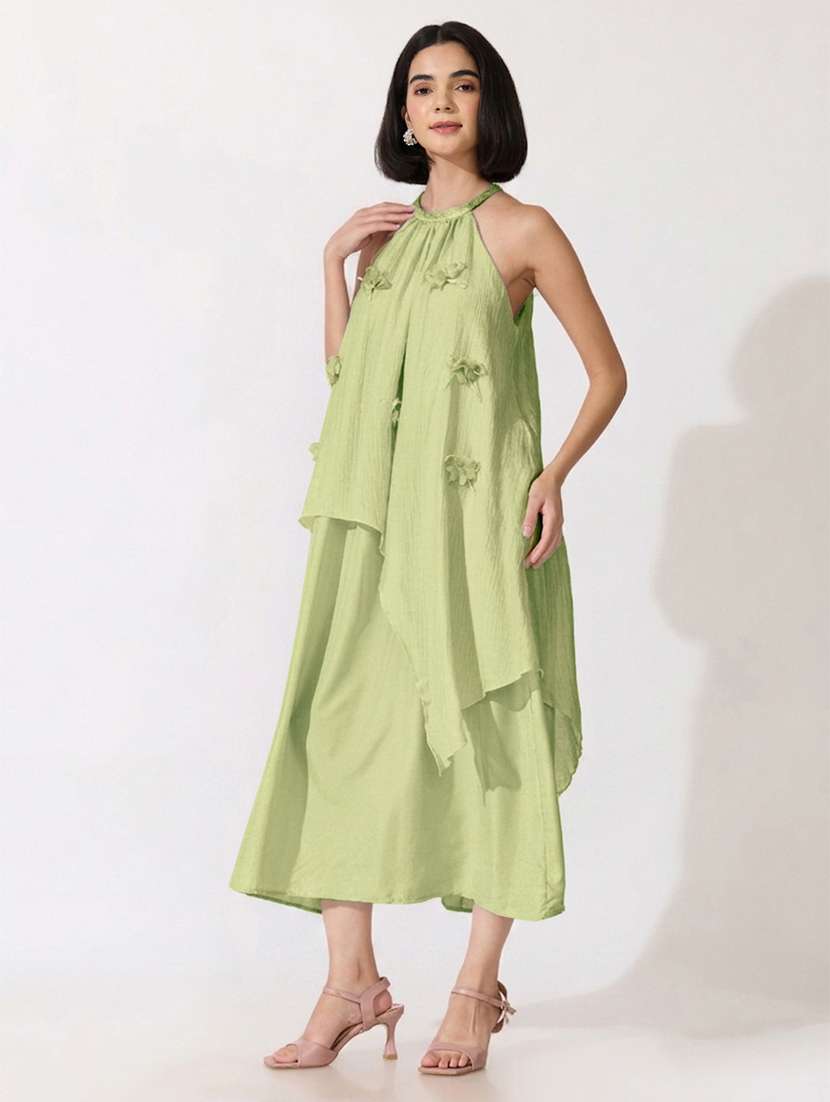 Women Solid Applique Detailed Halter Neck Layered Dress - 22619452 -  Standard Image - 3