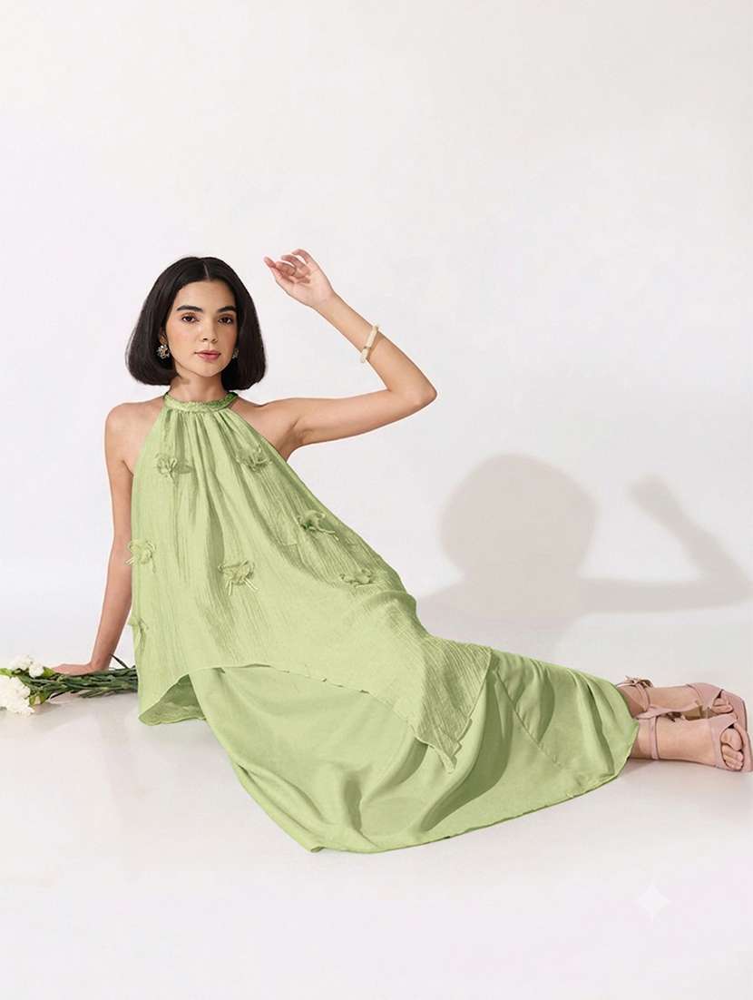 Women Solid Applique Detailed Halter Neck Layered Dress - 22619452 -  Standard Image - 5