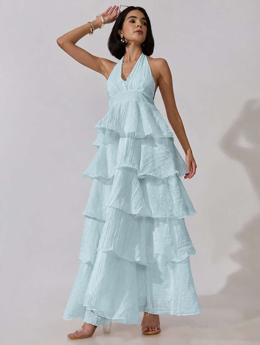 women solid halter neck layered dress