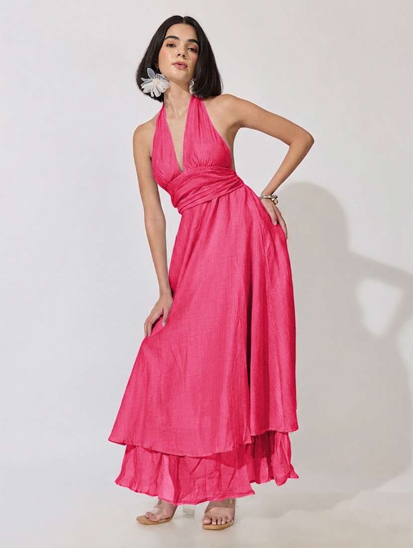 Women Solid Halter Neck Layered Dress - 22619460 -  Standard Image - 5