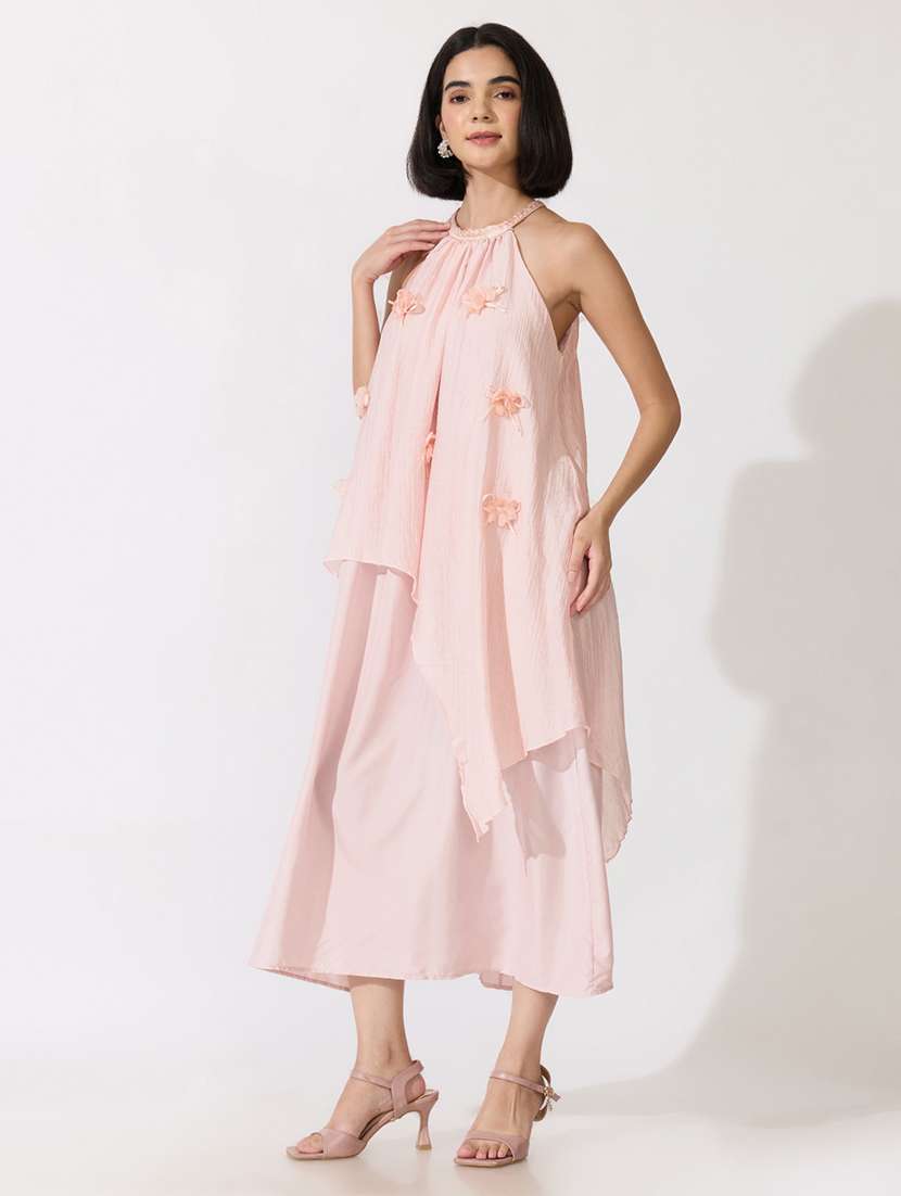 Women Solid Applique Detailed Halter Neck Layered Dress - 22619470 -  Standard Image - 3