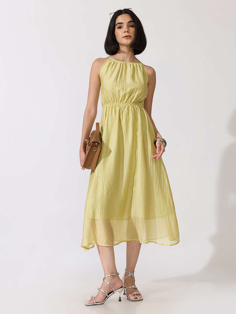 women self design halter neck fit and flare dress