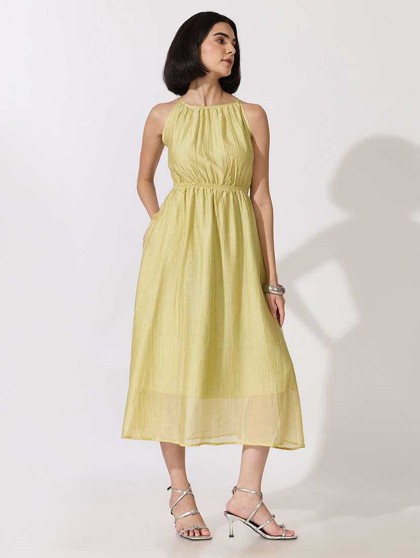 Women Self Design Halter Neck Fit And Flare Dress - 22619472 -  Standard Image - 3