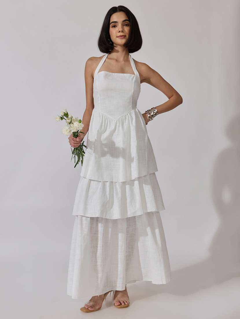 women solid halter neck layered dress