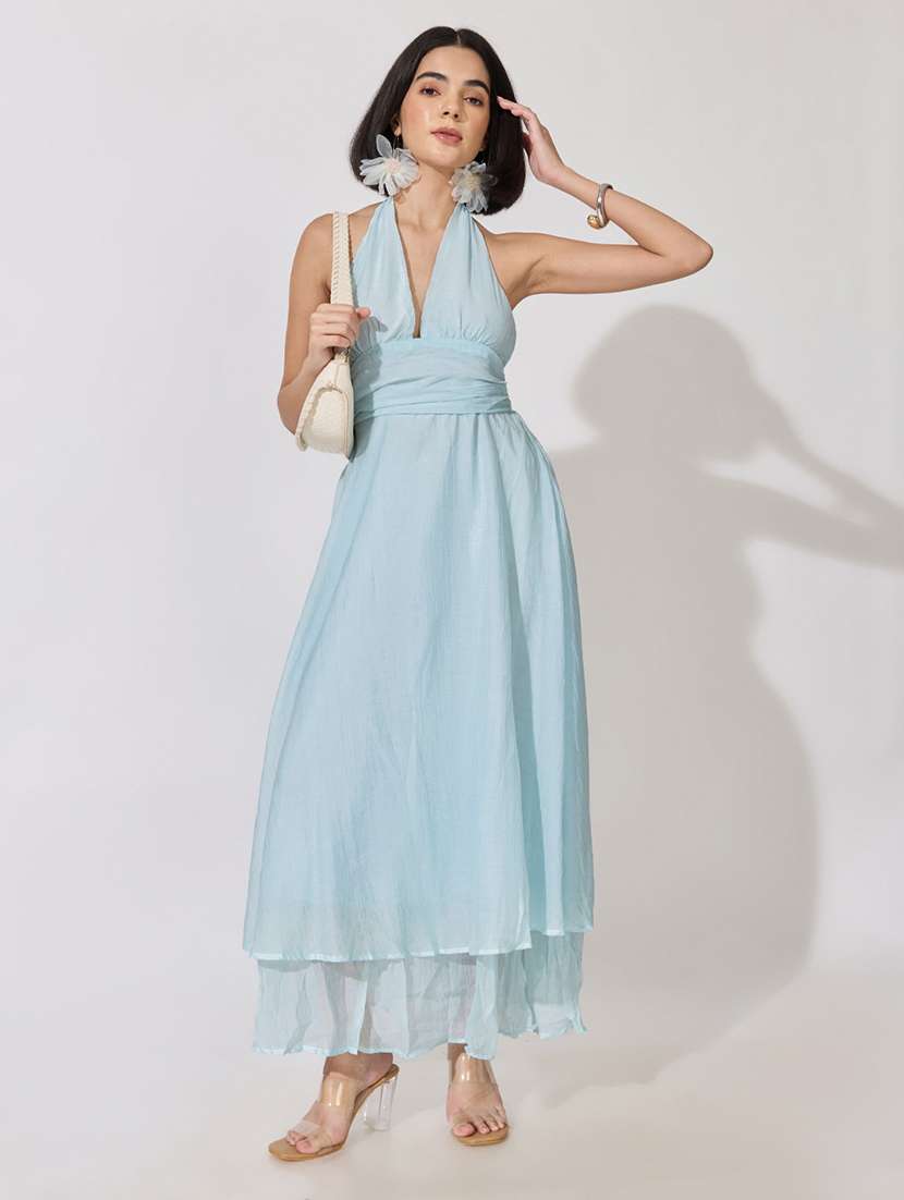 women solid halter neck layered dress
