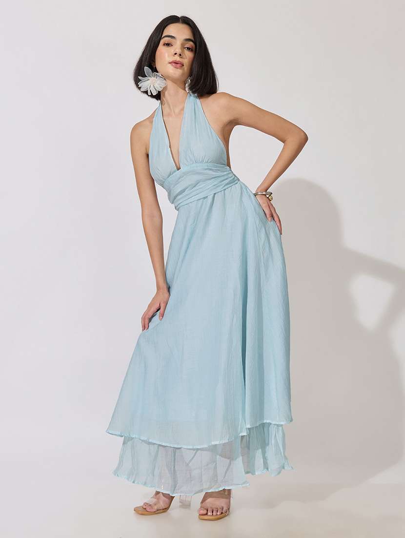 Women Solid Halter Neck Layered Dress - 22619475 -  Standard Image - 5