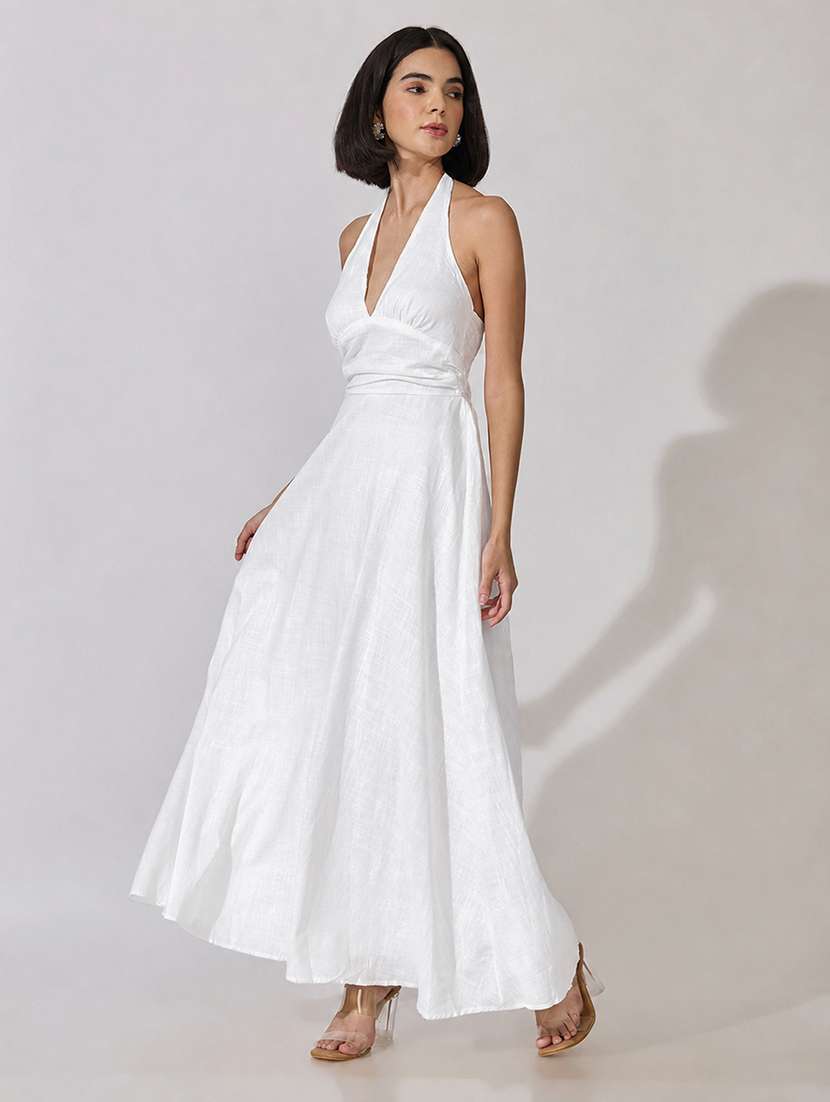 Women Solid Halter Neck Fit And Flare Dress - 22619477 -  Standard Image - 3