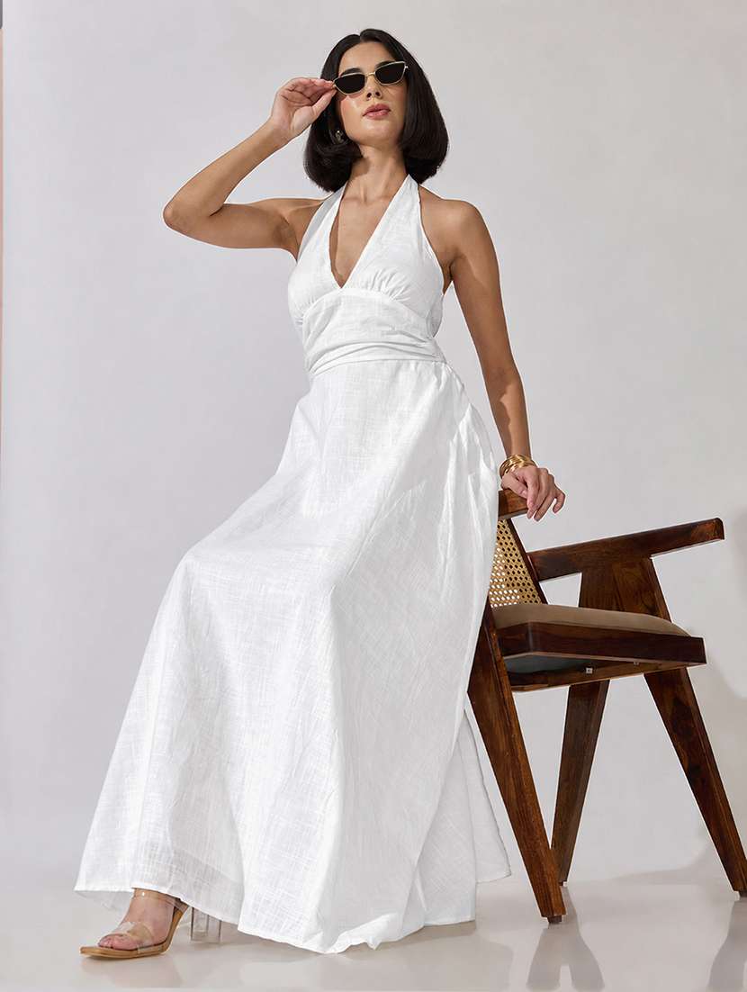 Women Solid Halter Neck Fit And Flare Dress - 22619477 -  Standard Image - 5