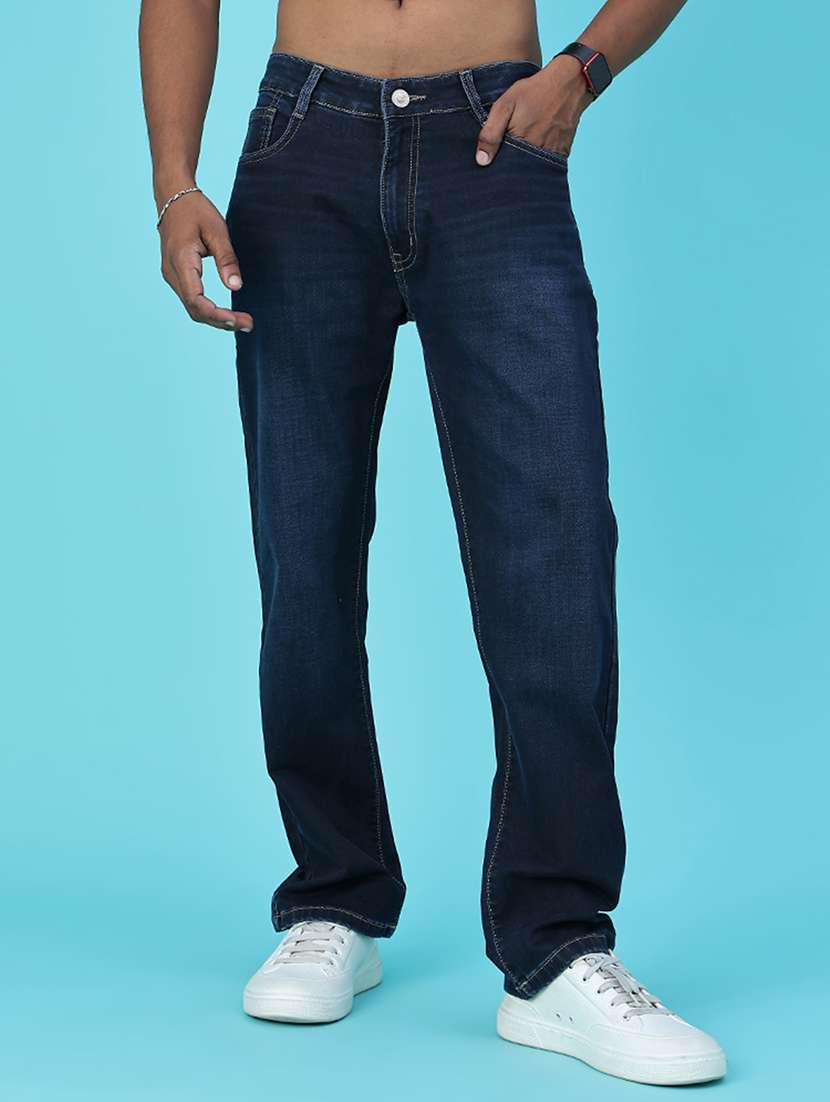 men washed mid rise full length straight jeans