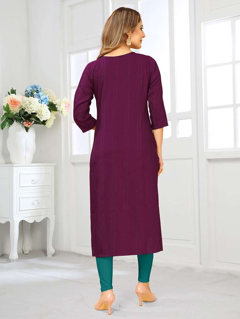 women self design three quarter sleeves straight kurta - 22624737 -  Standard Image - 3