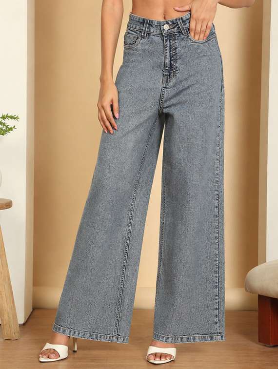 women plain mid rise wide leg jeans