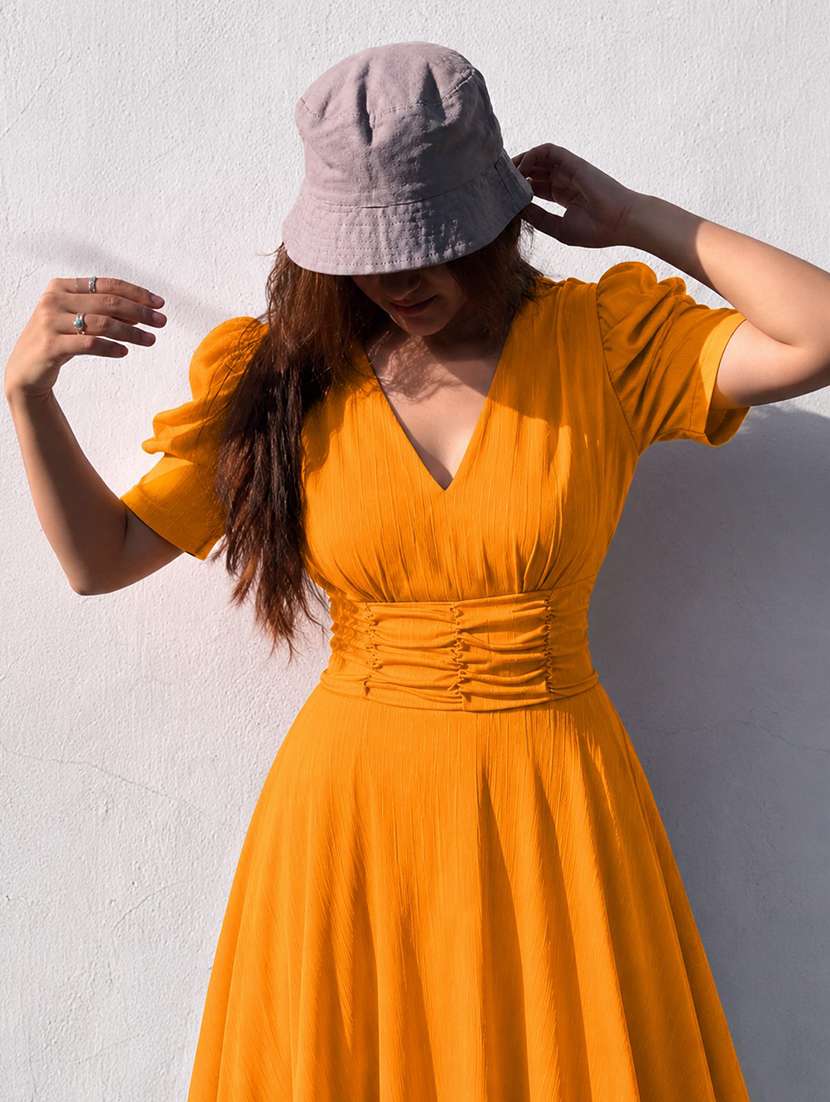 women solid puff sleeves fit and flare dress - 22624794 -  Standard Image - 3