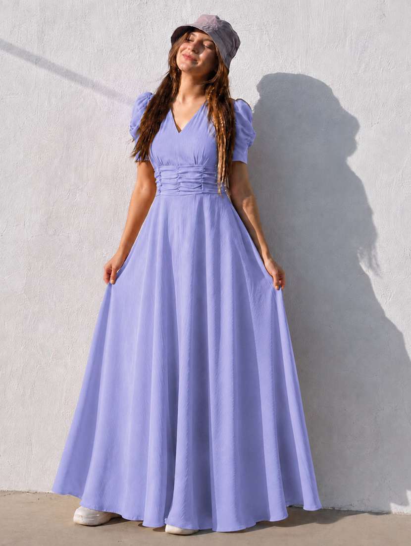 women solid puff sleeves fit and flare dress