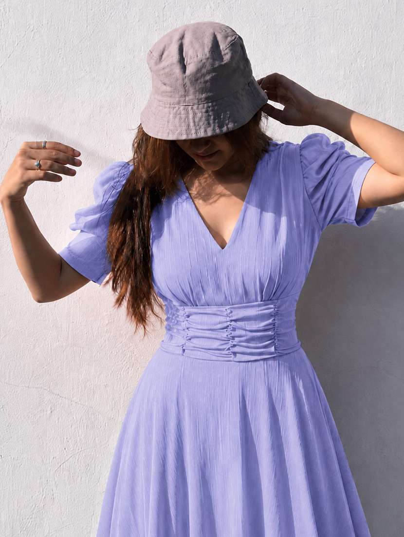 women solid puff sleeves fit and flare dress - 22624796 -  Standard Image - 3