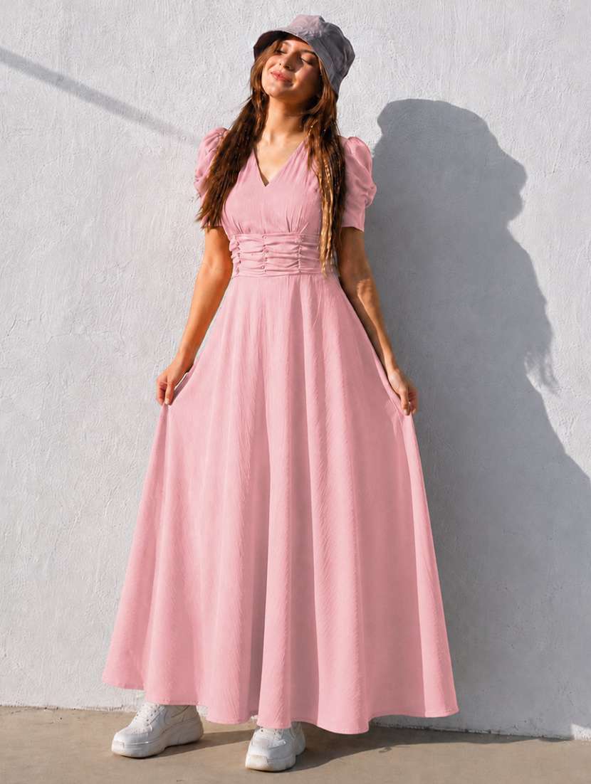 women solid puff sleeves fit and flare dress