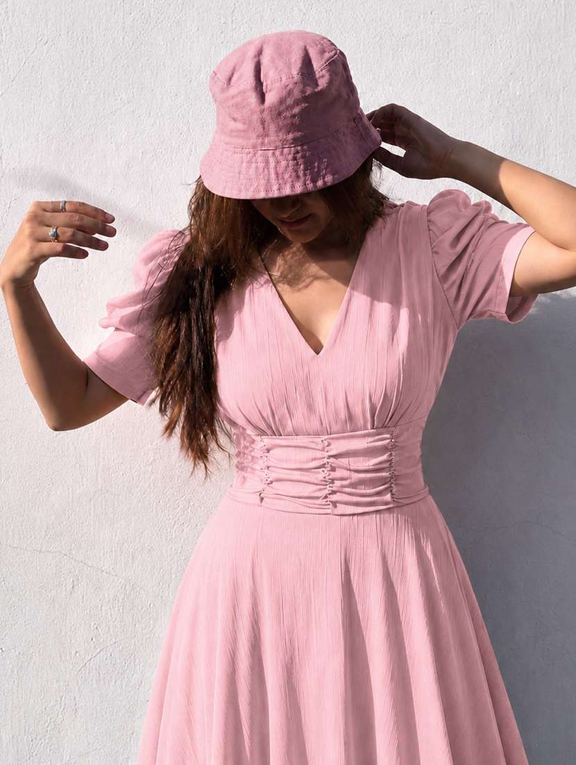 women solid puff sleeves fit and flare dress - 22624799 -  Standard Image - 3