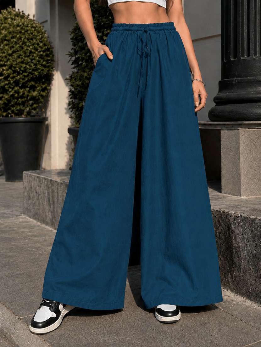 women solid high rise wide leg trouser