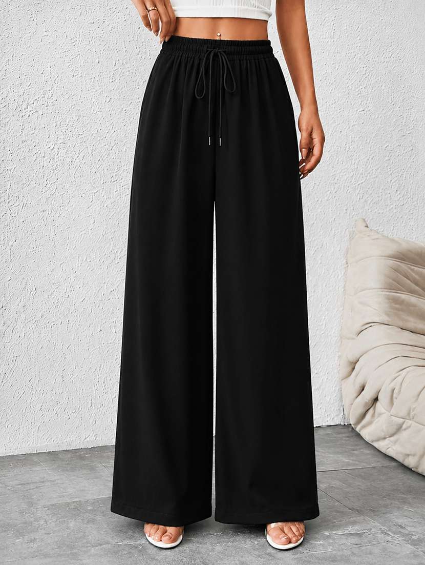 women solid high rise wide leg trouser