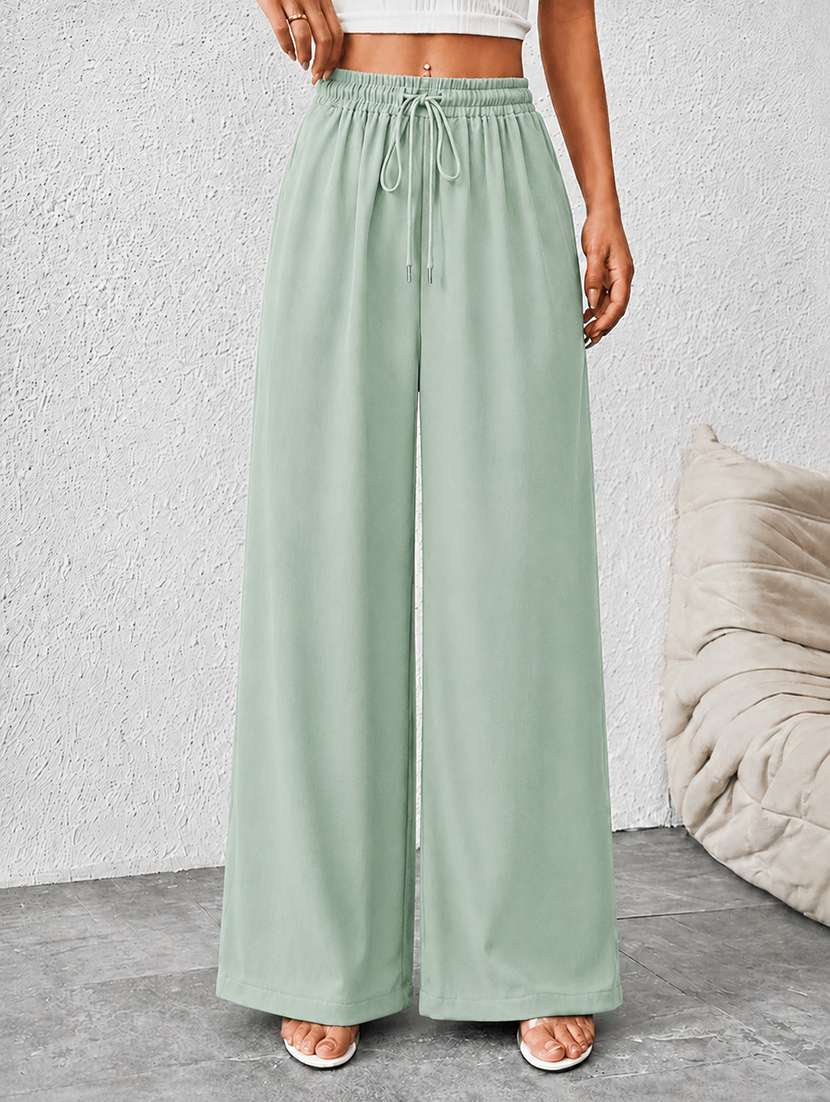 women solid mid rise wide leg trouser