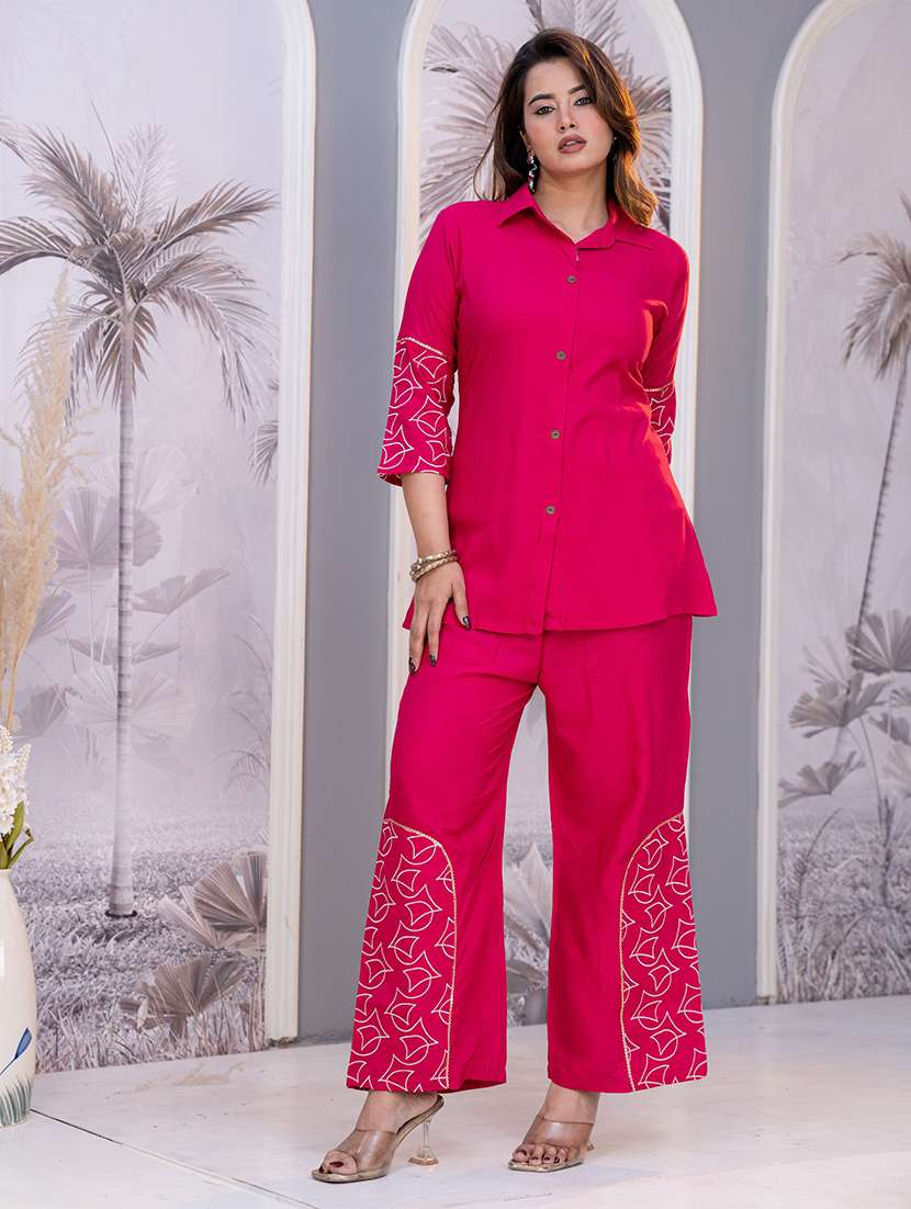 women embroidered three quarter sleeves ethnic co-ord set
