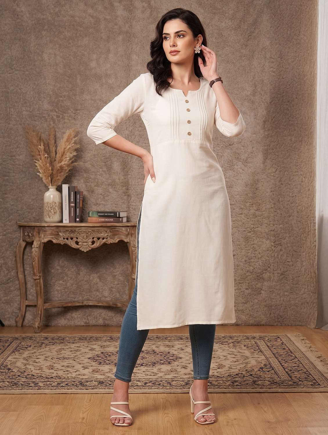 women solid three quarter sleeve straight kurta