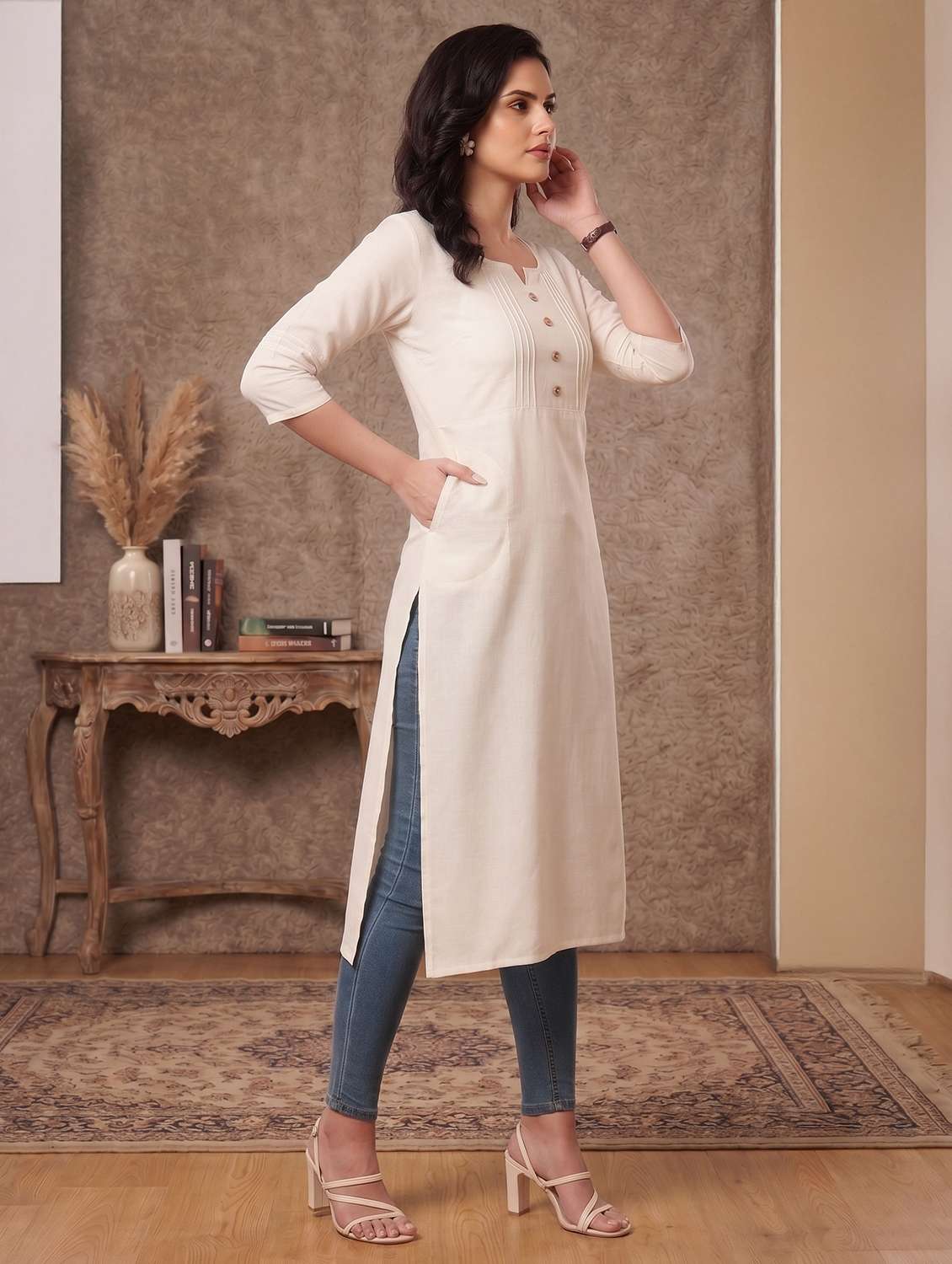 women solid three quarter sleeve straight kurta - 22625689 -  Standard Image - 3
