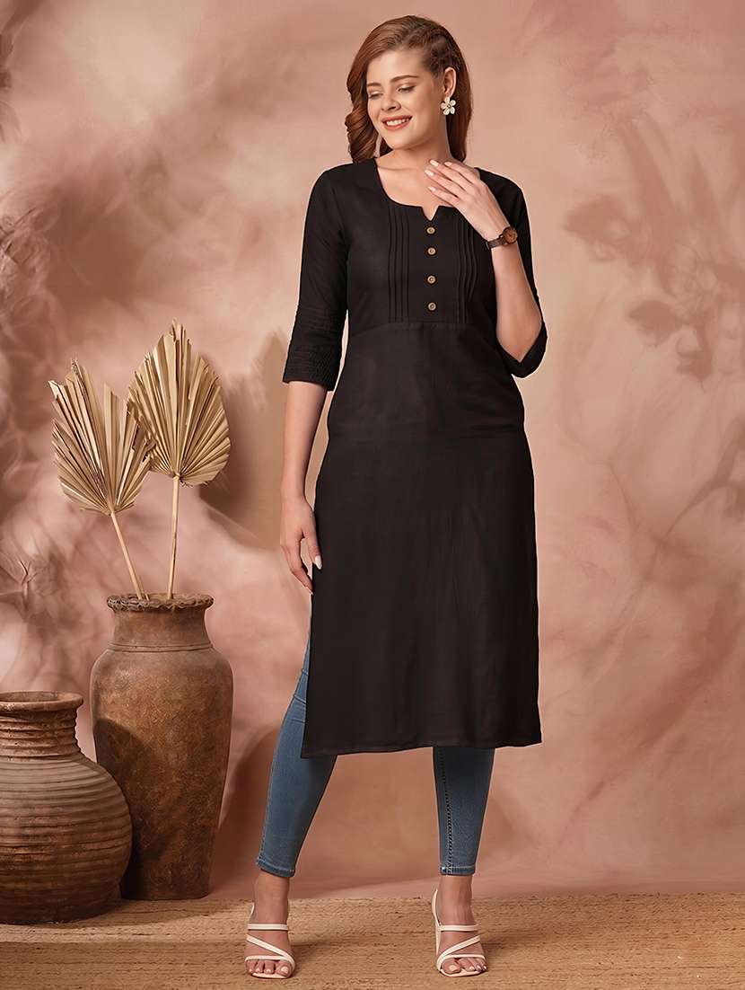 women solid three quarter sleeve straight kurta