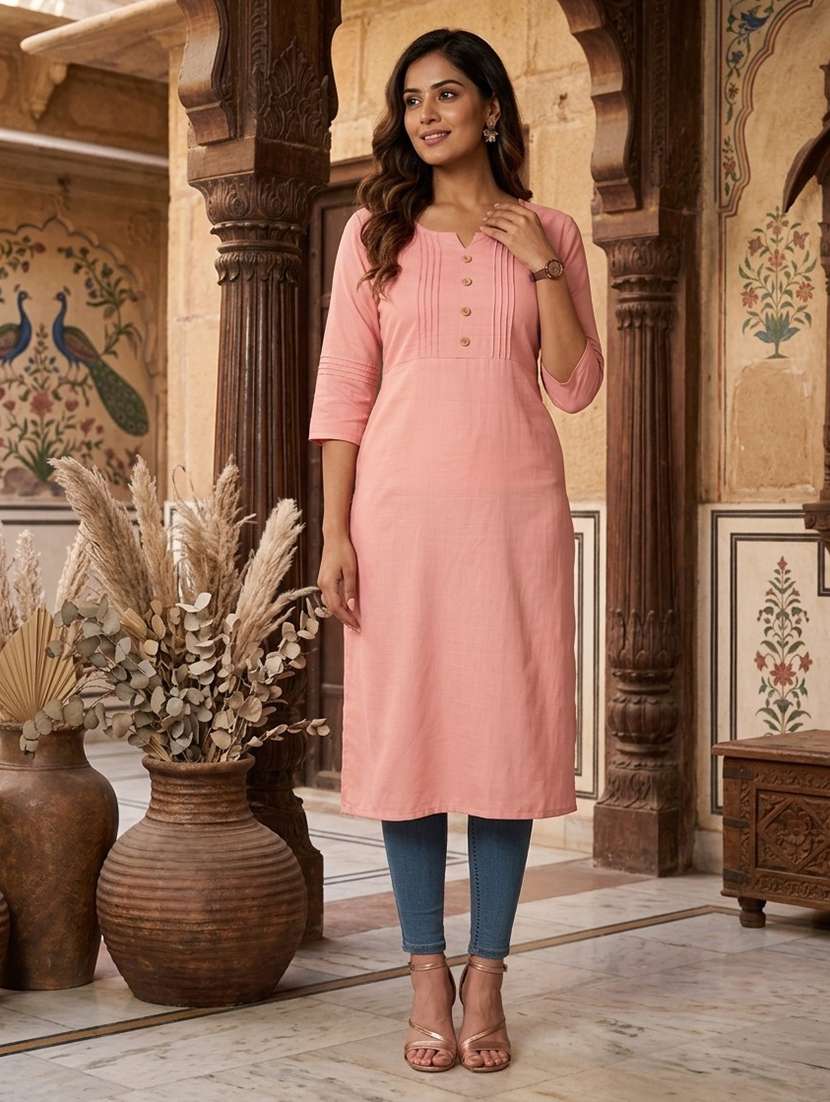 women solid three quarter sleeve straight kurta
