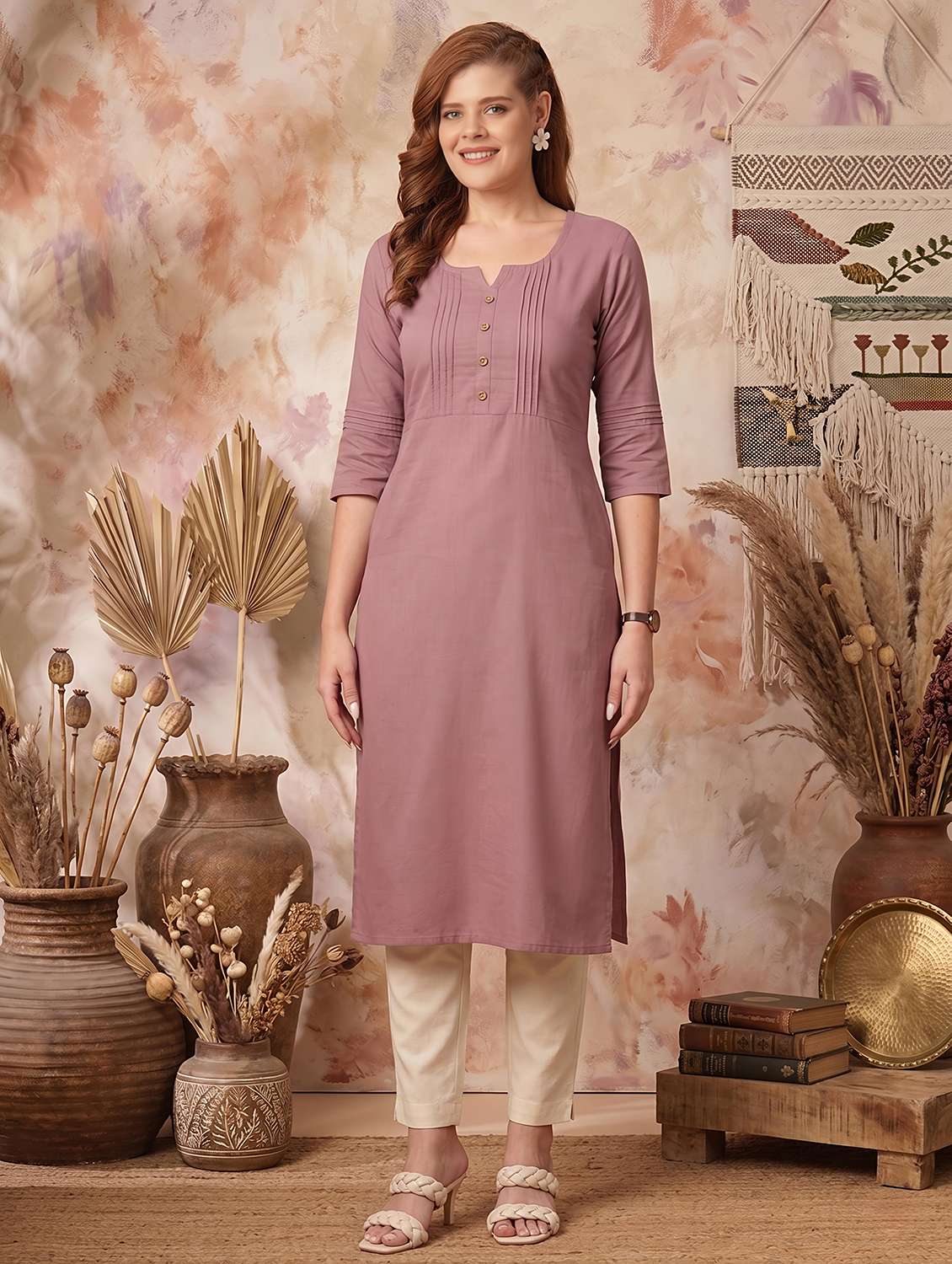 women solid three quarter sleeves straight kurta
