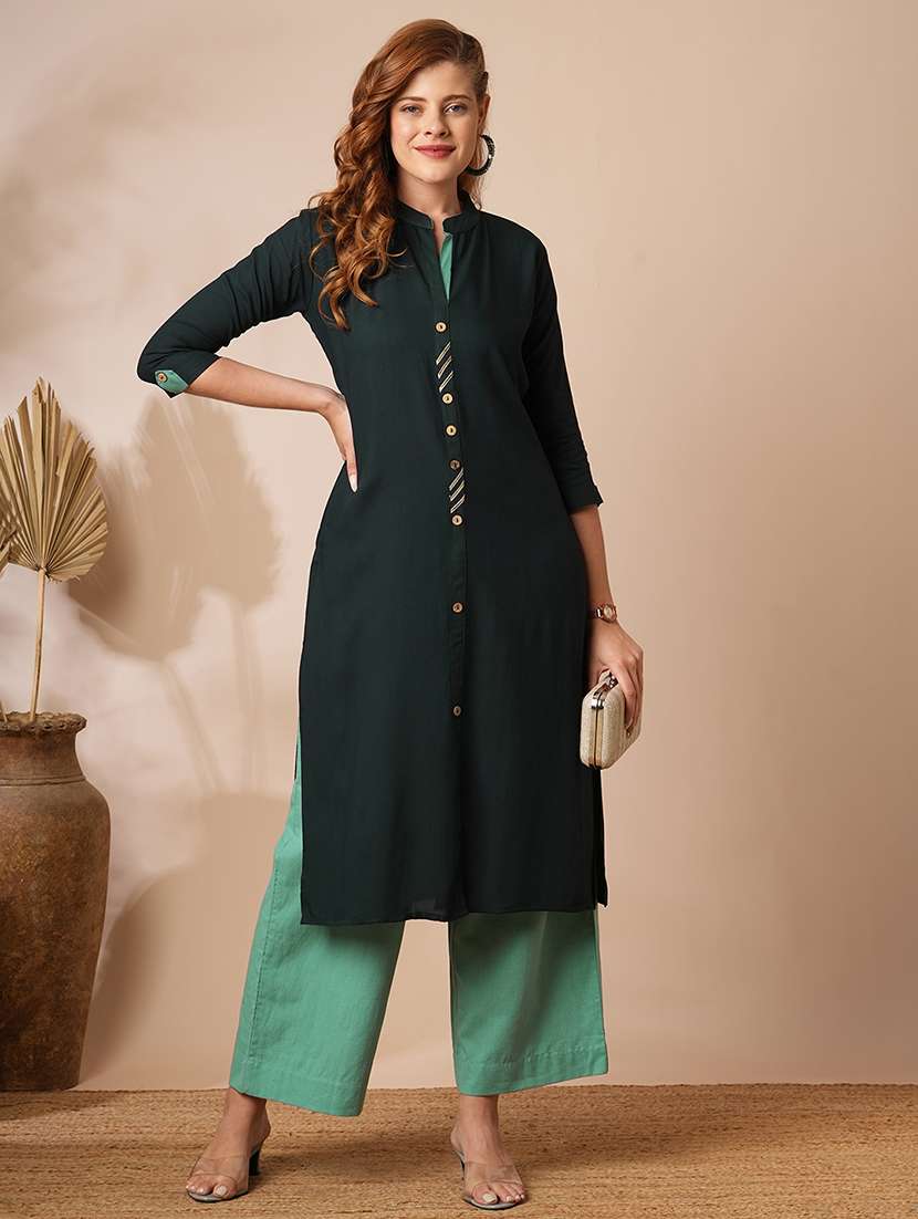 women solid three quarter sleeves straight kurta