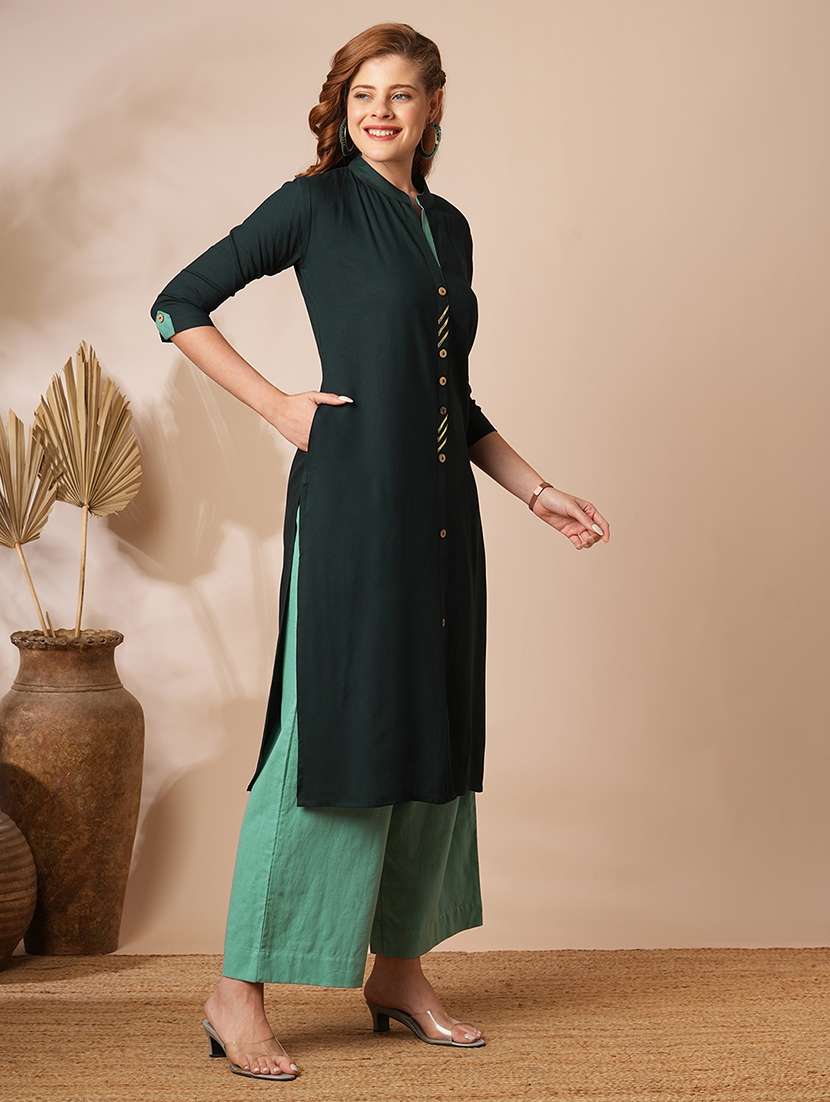 women solid three quarter sleeves straight kurta - 22625694 -  Standard Image - 3