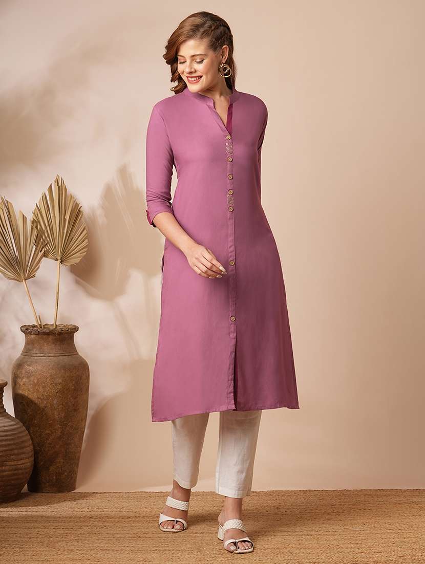 women solid three quarter sleeves straight kurta