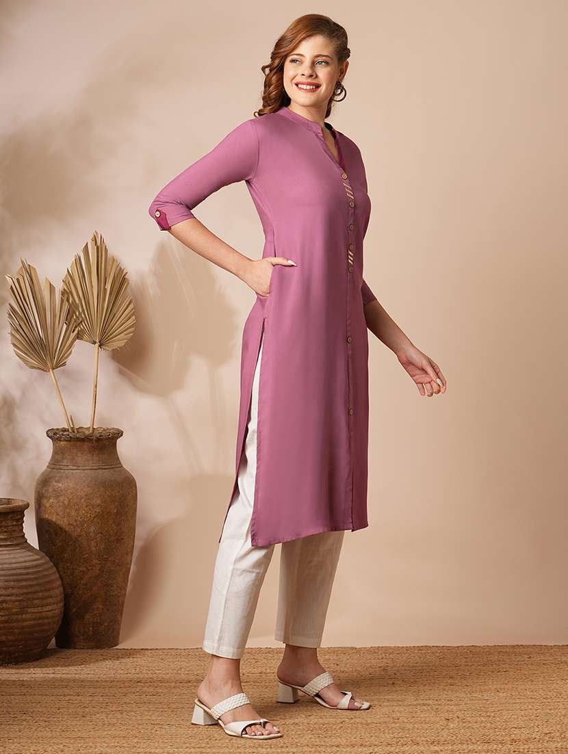 women solid three quarter sleeves straight kurta - 22625695 -  Standard Image - 3
