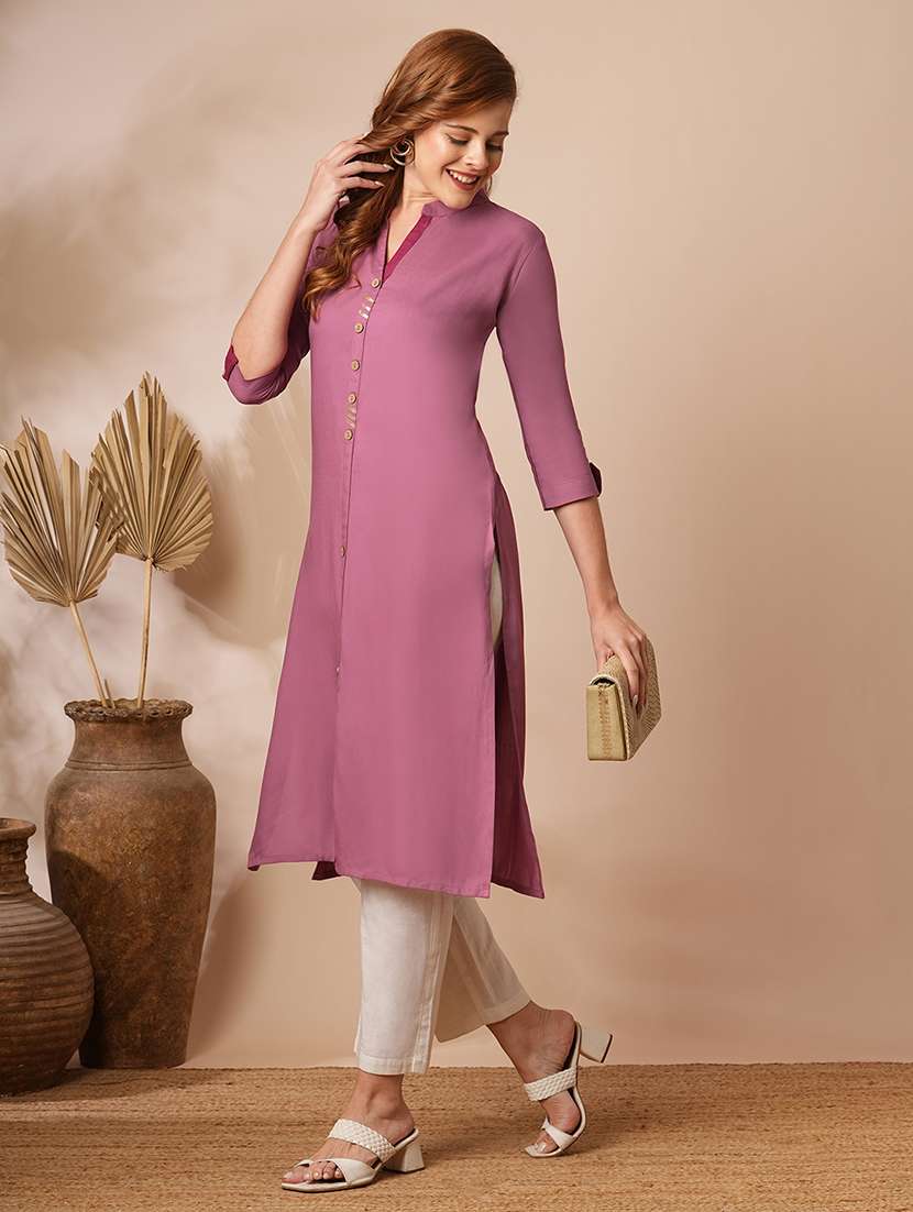 women solid three quarter sleeves straight kurta - 22625695 -  Standard Image - 5