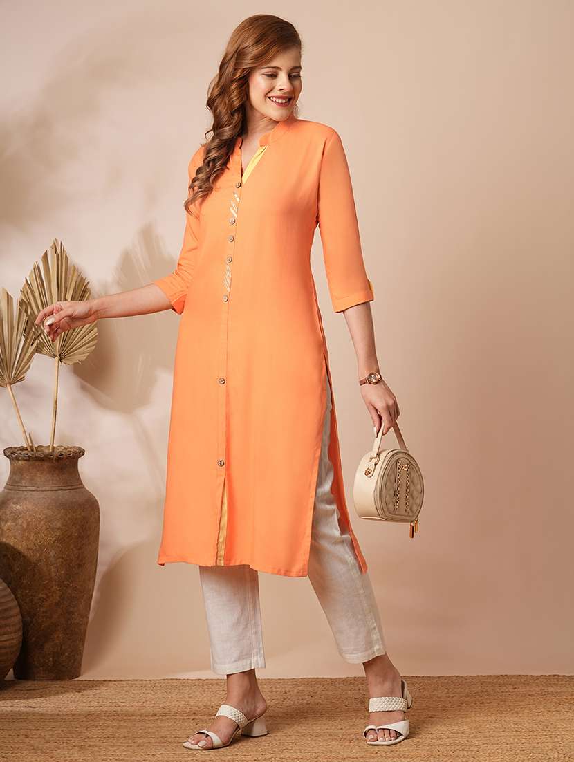 women solid three quarter sleeves straight kurta