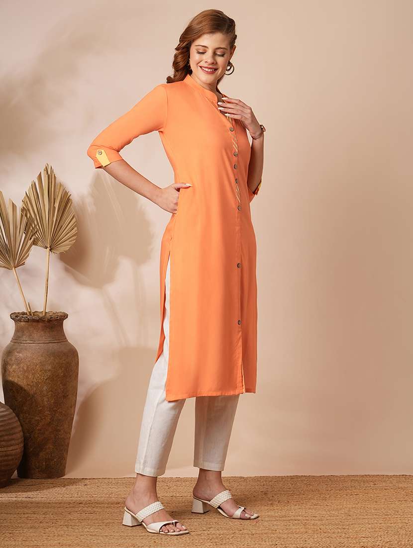 women solid three quarter sleeves straight kurta - 22625696 -  Standard Image - 3