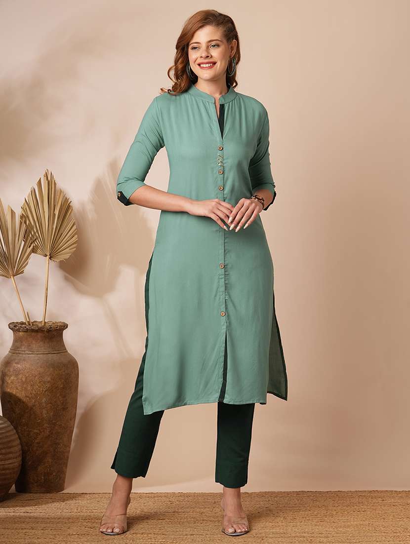 women solid three quarter sleeves straight kurta