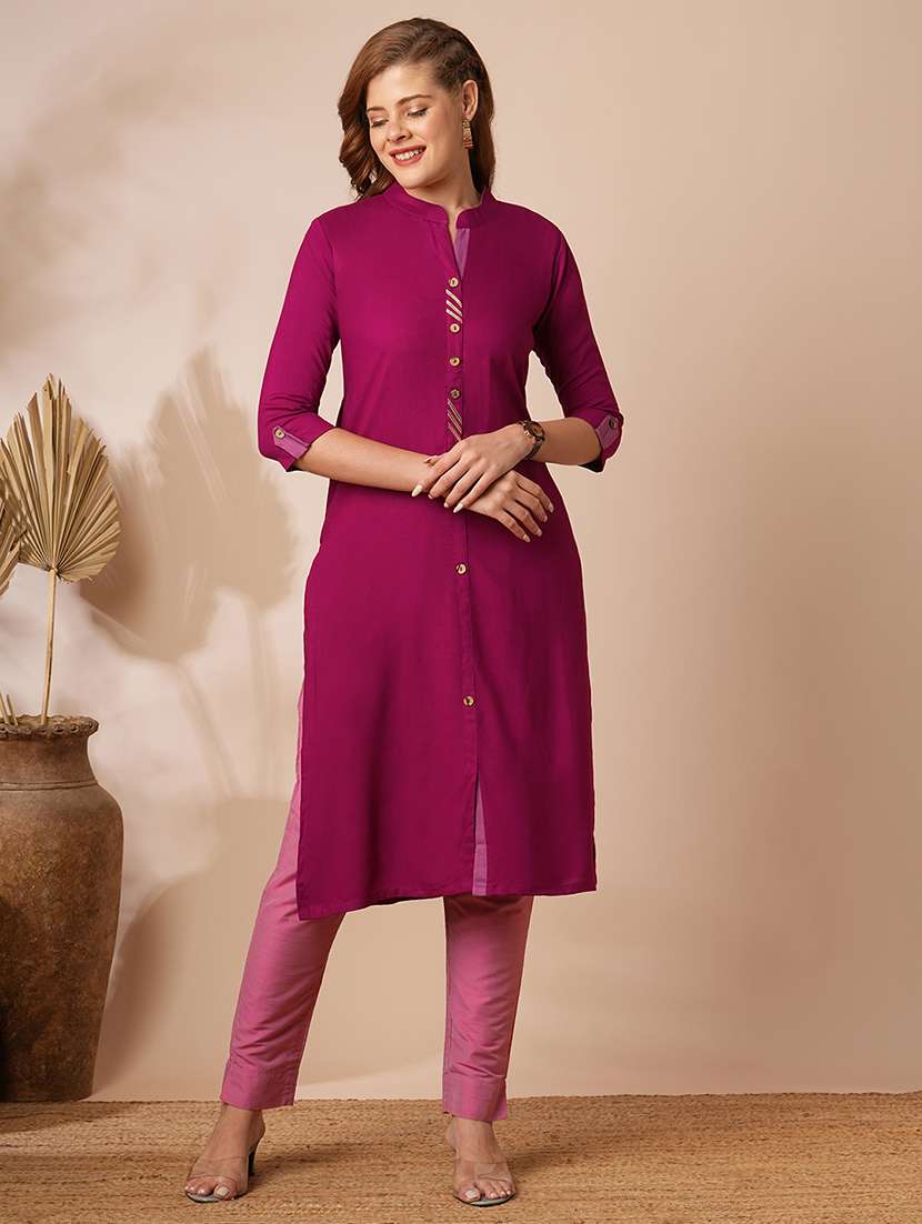 women solid three quarter sleeves straight kurta
